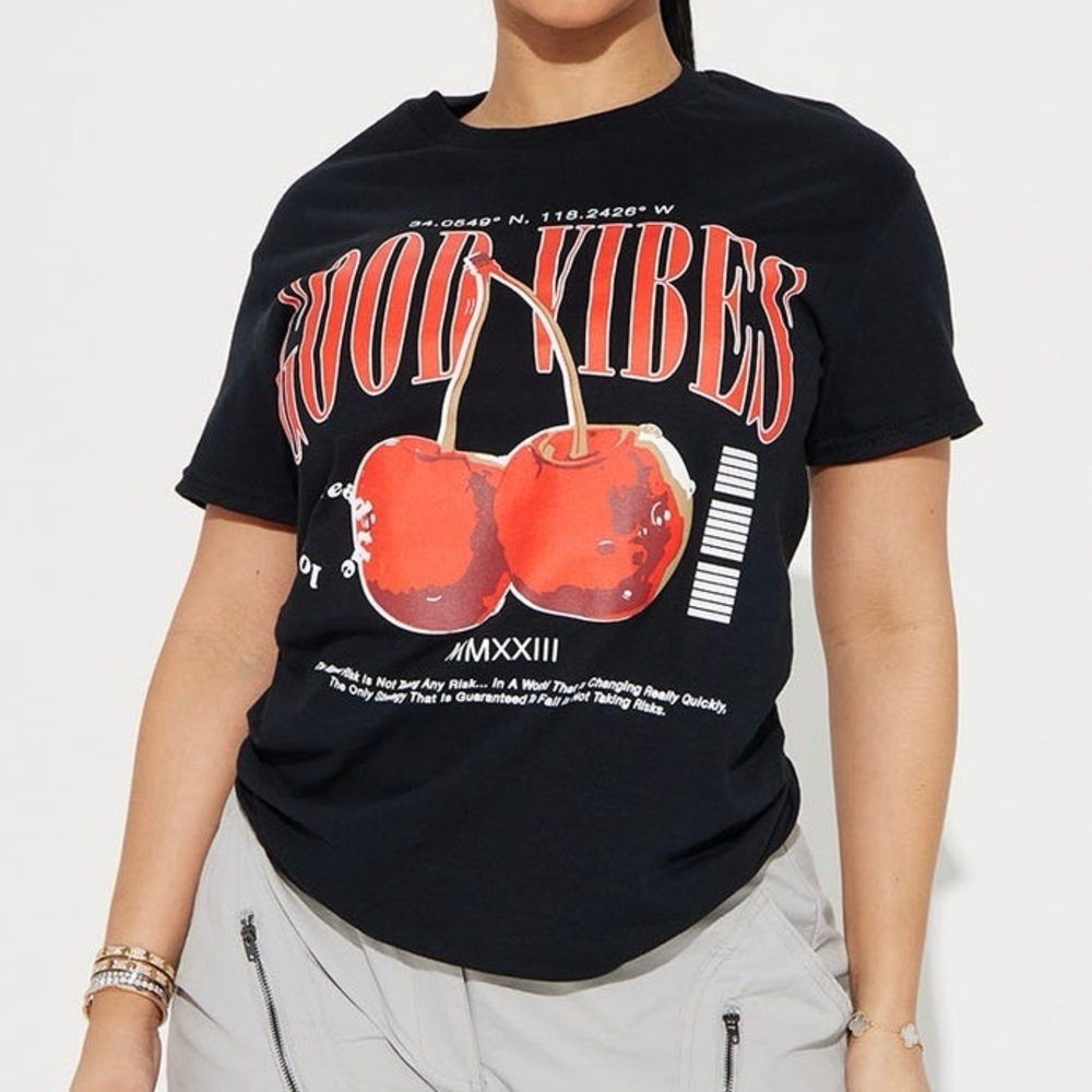 Black Graphic Tee with Red Cherry Print - Men Shirts